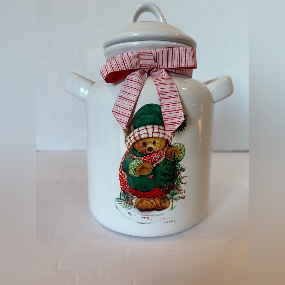 Vintage Hallmark Christmas Teddy Bear milk-can shape canister cookie jar